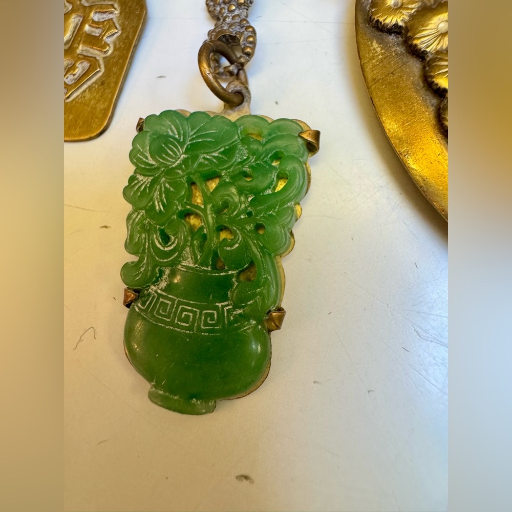 Antique 1930s Art Deco revival asian brass Buddha multi~charm faux jade festoon - Picture 11 of 13